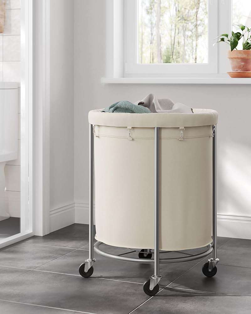 SONGMICS 50.2-Gallon (190 L) Laundry Basket with Wheels, Rolling Round Heavy-Duty Laundry Hamper Cart with Steel Frame and Removable Bag, 2 Locking, White and Metallic Silver, URLS01MZ - Image 9