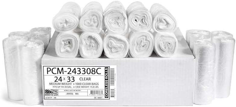 Aluf Plastics 12-16 Gallon Clear Trash Bags (1000 Count) - 24" x 33" - PCM Series Premium High Density 8 Micron Equivalent Garbage Bags for Bathroom, Office, Industrial, Commercial, Janitorial - Image 1