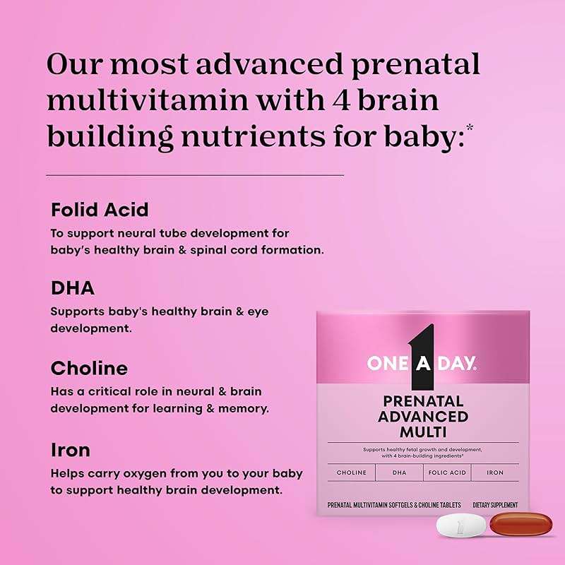 One A Day Prenatal Advanced- Prenatal Vitamins with Folic Acid, Choline, DHA & Iron, Pregnancy Vitamins for Women to Support Baby’s Development, 60+60 Ct (120 Total Set) (Packaging May Vary) - Image 3