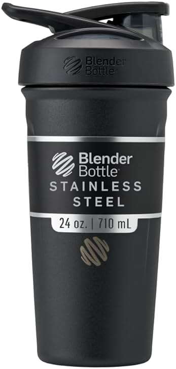 BlenderBottle Strada Shaker Cup Insulated Stainless Steel Water Bottle with Wire Whisk, 24-Ounce, Black - Image 1