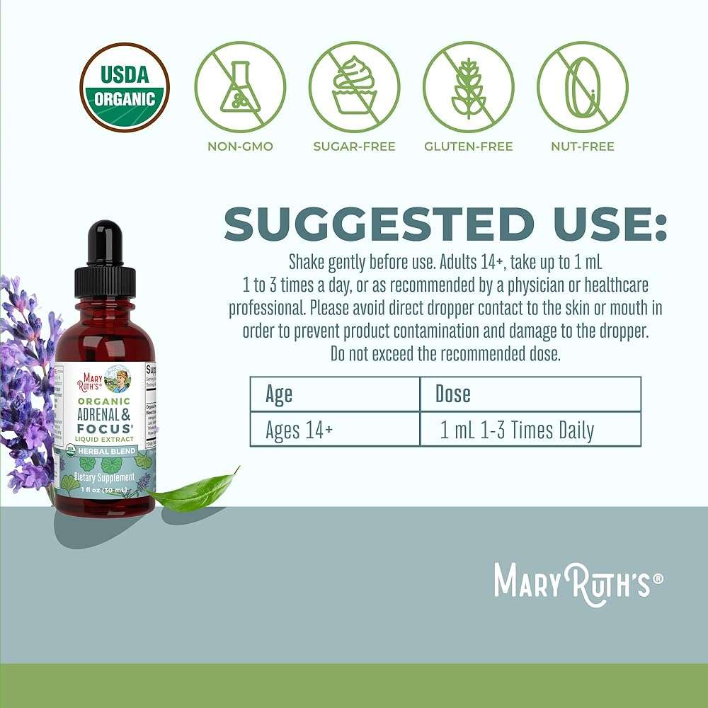 MARYRUTH'S Adrenal & Focus Drops | Supplement for Focus & Stress Support | Adaptogenic & Nervine Herbs | Ginkgo Leaf, Astragalus Root, & More | Vegan | USDA Organic | CLP Certified | Non-GMO | 1 oz - Image 3