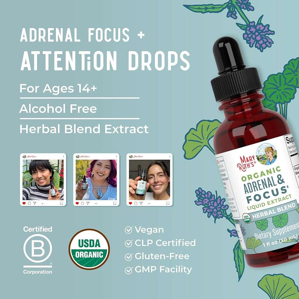 MARYRUTH'S Adrenal & Focus Drops | Supplement for Focus & Stress Support | Adaptogenic & Nervine Herbs | Ginkgo Leaf, Astragalus Root, & More | Vegan | USDA Organic | CLP Certified | Non-GMO | 1 oz - Image 8