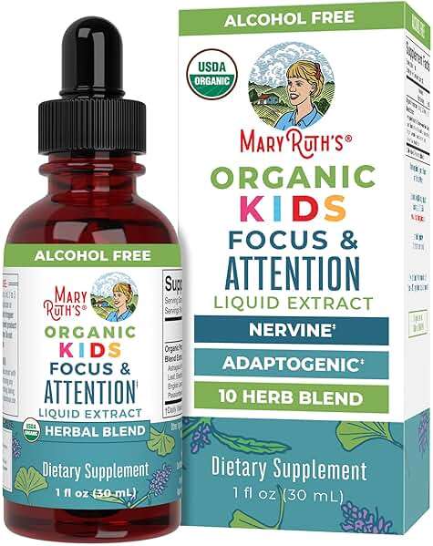 MARYRUTH'S Kids Focus & Attention Drops | USDA Organic Drops | Ginkgo Biloba | Rhodiola Root & Licorice Root | Adaptogenic | Calm | Vegan | Non-GMO | Gluten Free | 30 Servings - Image 1