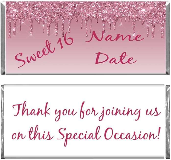 Personalized Custom Pink Glitter Design Birthday Chocolate Candy Bar Wrappers & Foils (Candy not included) (24) - Image 1