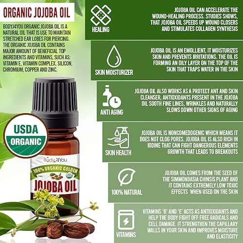 BodyJ4You Organic Jojoba Oil Piercing Aftercare - USDA 100% Pure Cold Pressed Ear Stretching Oil - Gauge Care Nose Septum Cartilage Tragus Navel - Natural Skin Recovery Moisturizer Vegan - 0.17 Fl Oz - Image 2