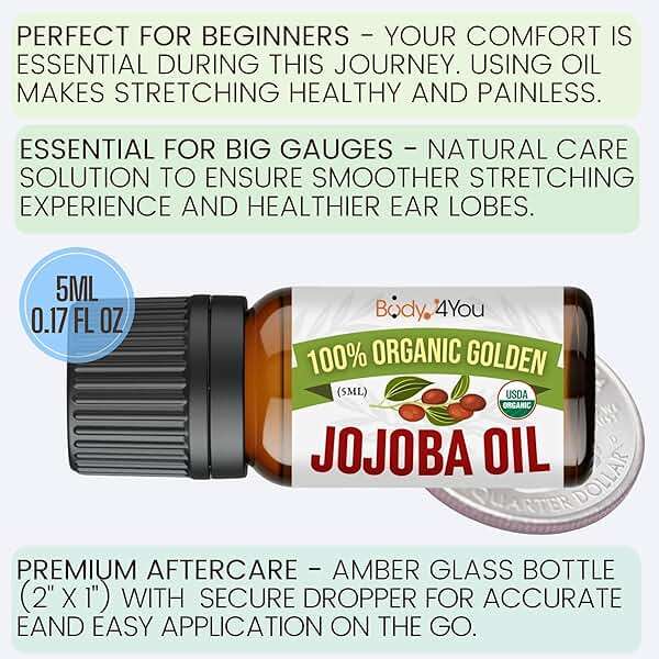 BodyJ4You Organic Jojoba Oil Piercing Aftercare - USDA 100% Pure Cold Pressed Ear Stretching Oil - Gauge Care Nose Septum Cartilage Tragus Navel - Natural Skin Recovery Moisturizer Vegan - 0.17 Fl Oz - Image 3