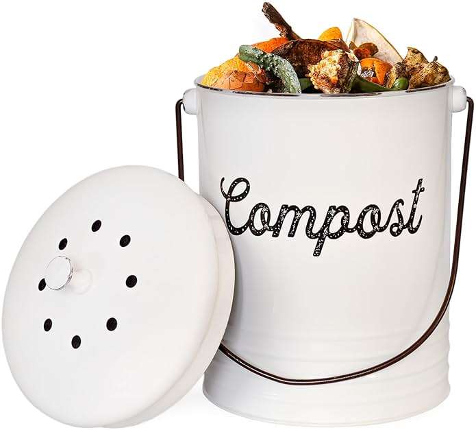 AuldHome Design Kitchen Compost Bin for Countertop | 1.3 Gallon Composting Bucket with Lid | Includes 3 Charcoal Filters | (White Enamel) - Image 1