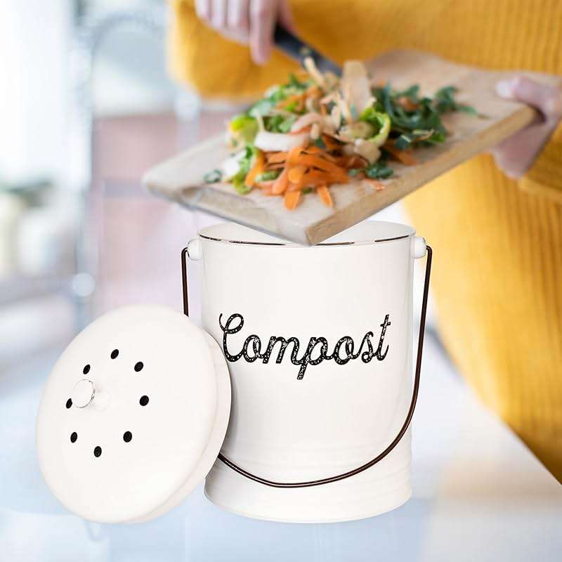 AuldHome Design Kitchen Compost Bin for Countertop | 1.3 Gallon Composting Bucket with Lid | Includes 3 Charcoal Filters | (White Enamel) - Image 2