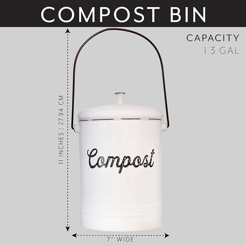 AuldHome Design Kitchen Compost Bin for Countertop | 1.3 Gallon Composting Bucket with Lid | Includes 3 Charcoal Filters | (White Enamel) - Image 3