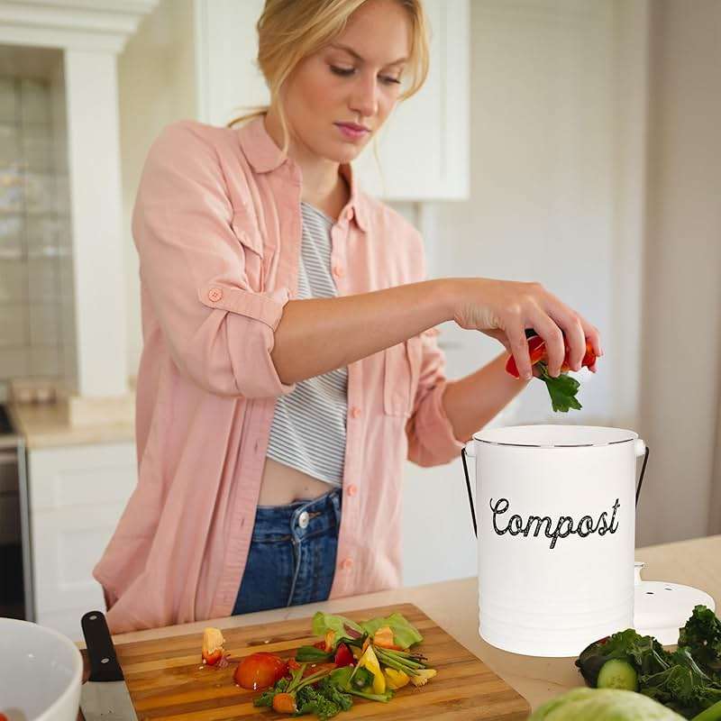 AuldHome Design Kitchen Compost Bin for Countertop | 1.3 Gallon Composting Bucket with Lid | Includes 3 Charcoal Filters | (White Enamel) - Image 8