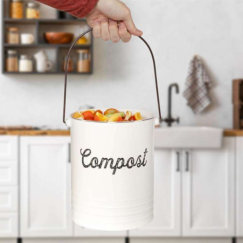 AuldHome Design Kitchen Compost Bin for Countertop | 1.3 Gallon Composting Bucket with Lid | Includes 3 Charcoal Filters | (White Enamel) - Image 9