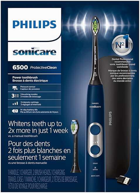 Philips Sonicare ProtectiveClean 6500 Rechargeable Electric Toothbrush, with Pressure Sensor, 3 Cleaning Modes, SmarTimer and QuadPacer, 14-Day Battery Life, Charging Travel Case, Navy Blue, HX6462/07 - Image 8