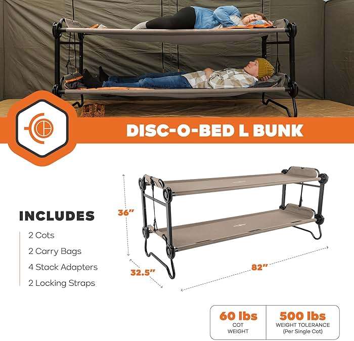 Disc-O-Bed Large Portable Bunk Camping Cots with Carry Bags - Heavy-Duty Indoor or Outdoor Sleeping System, Converts to Bench or Separate Beds, 500 lb Weight Capacity Per Cot - Image 3