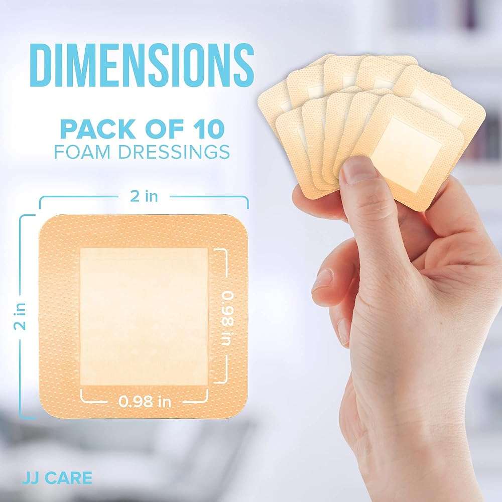 JJ CARE Silicone Foam Dressing 2x2 [Pack of 10], Silicone Bandages for Wounds, Waterproof Wound Dressing with Adhesive Border, Absorbent Bed Sore Bandages for Wound Care - Image 4