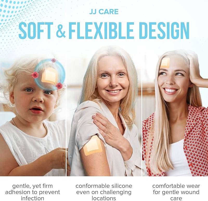 JJ CARE Silicone Foam Dressing 2x2 [Pack of 10], Silicone Bandages for Wounds, Waterproof Wound Dressing with Adhesive Border, Absorbent Bed Sore Bandages for Wound Care - Image 7