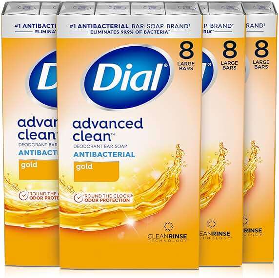 Dial Antibacterial Deodorant Bar Soap, Advanced Clean Gold, 4 Oz, 32 Bars, Round the Clock Odor Protection, Dermatologist Tested, With Clean Rinse Technology - Image 1