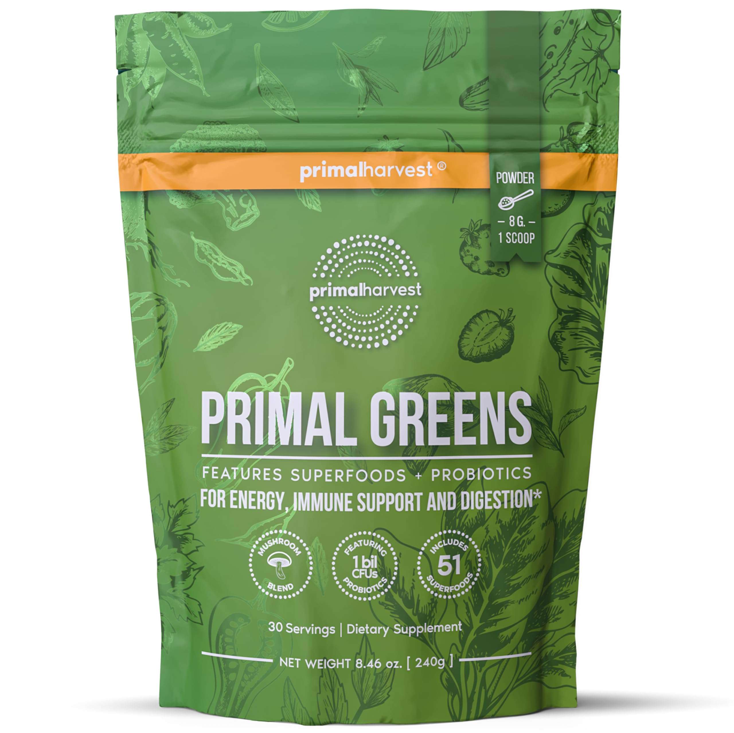 Primal Harvest Super Greens Powder, 30 Servings w/+50 Greens Superfood Chlorella, Probiotics, Green Tea, Wheatgrass, Kale, Turmeric for Energy,Primal Greens - Image 1