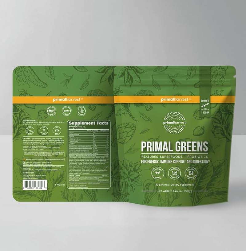 Primal Harvest Super Greens Powder, 30 Servings w/+50 Greens Superfood Chlorella, Probiotics, Green Tea, Wheatgrass, Kale, Turmeric for Energy,Primal Greens - Image 2