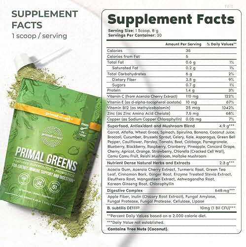 Primal Harvest Super Greens Powder, 30 Servings w/+50 Greens Superfood Chlorella, Probiotics, Green Tea, Wheatgrass, Kale, Turmeric for Energy,Primal Greens - Image 3