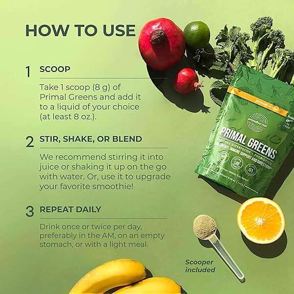 Primal Harvest Super Greens Powder, 30 Servings w/+50 Greens Superfood Chlorella, Probiotics, Green Tea, Wheatgrass, Kale, Turmeric for Energy,Primal Greens - Image 4
