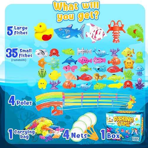 Goody King Magnetic Fishing Game Pool Party Pole Rod Net - Bathtub Outdoor Indoor Carnival Party Water Table Fish 4 Players Gift Age 3-5 6 4-8 (Large) - Image 3
