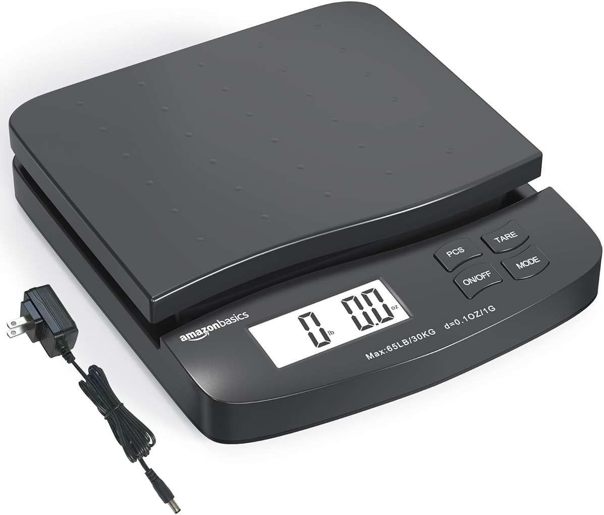 Amazon Basics Digital Postal Shipping Scale with Tare Function, AC Adapter, 65 lb Capacity, 0.1 oz Readability, LCD Display, Black - Image 1