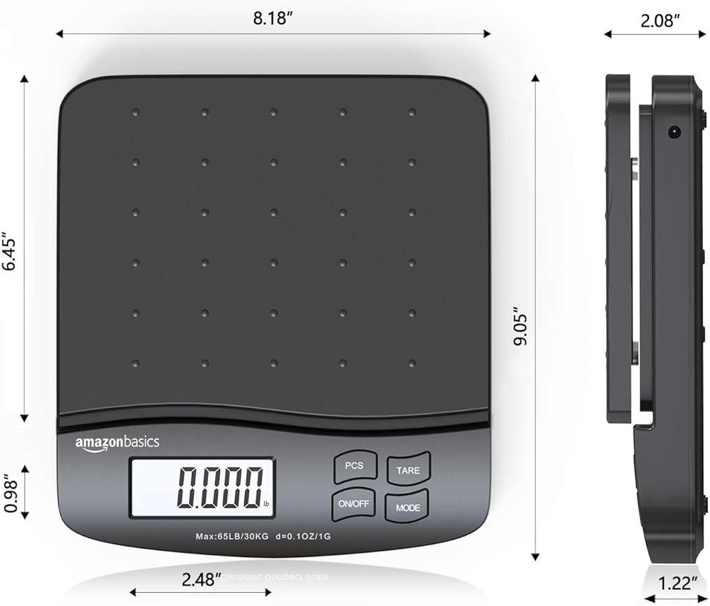 Amazon Basics Digital Postal Shipping Scale with Tare Function, AC Adapter, 65 lb Capacity, 0.1 oz Readability, LCD Display, Black - Image 3
