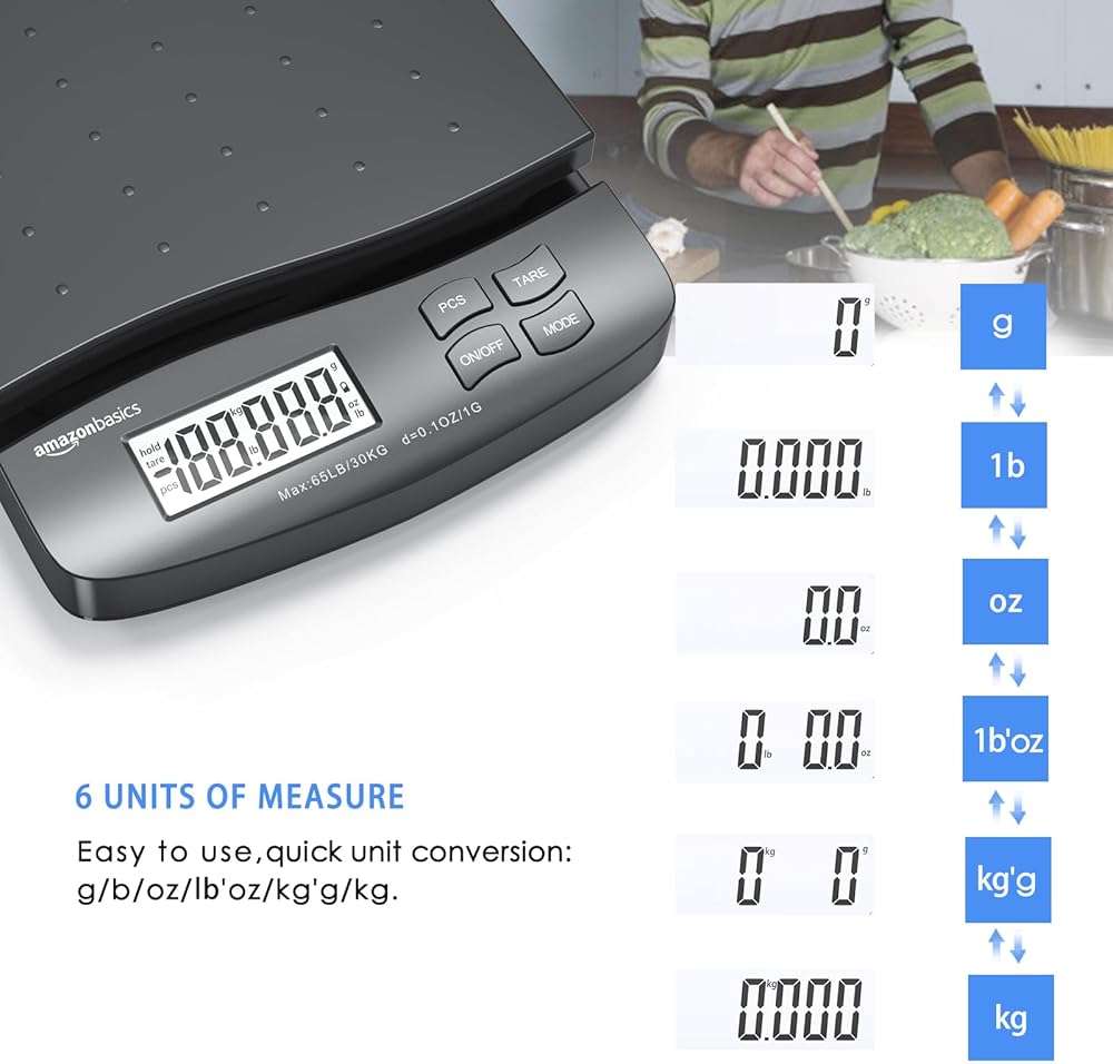 Amazon Basics Digital Postal Shipping Scale with Tare Function, AC Adapter, 65 lb Capacity, 0.1 oz Readability, LCD Display, Black - Image 4