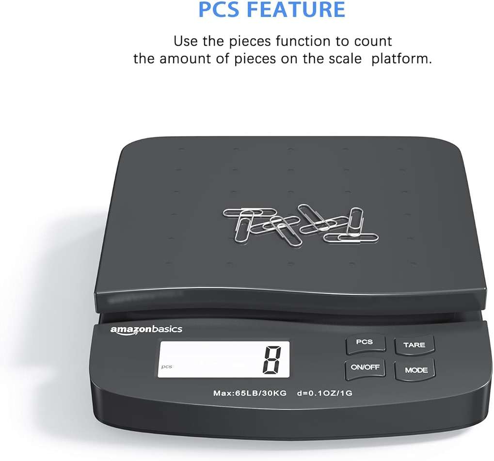 Amazon Basics Digital Postal Shipping Scale with Tare Function, AC Adapter, 65 lb Capacity, 0.1 oz Readability, LCD Display, Black - Image 6