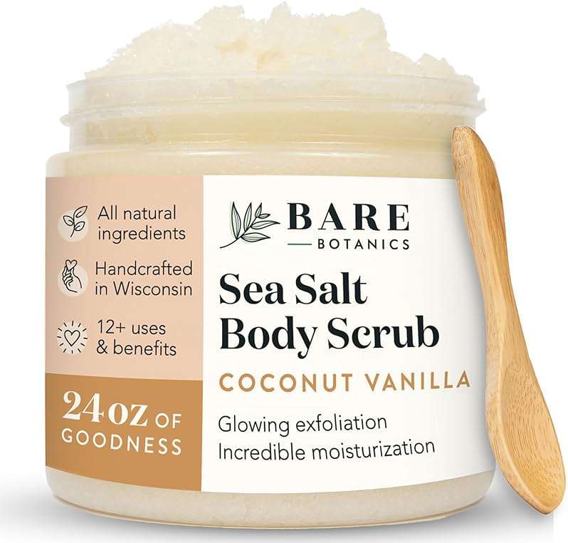 Bare Botanics Coconut Vanilla Body Scrub 24oz | Made in Madison, WI | All Natural Sea Salt Exfoliator w/ Skin Loving Moisturizers | Vegan & Cruelty Free | Gift Ready Packaging w/ a Cute Wooden Spoon - Image 1
