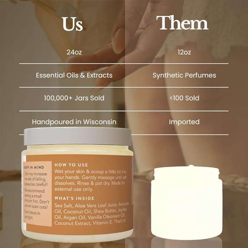 Bare Botanics Coconut Vanilla Body Scrub 24oz | Made in Madison, WI | All Natural Sea Salt Exfoliator w/ Skin Loving Moisturizers | Vegan & Cruelty Free | Gift Ready Packaging w/ a Cute Wooden Spoon - Image 6