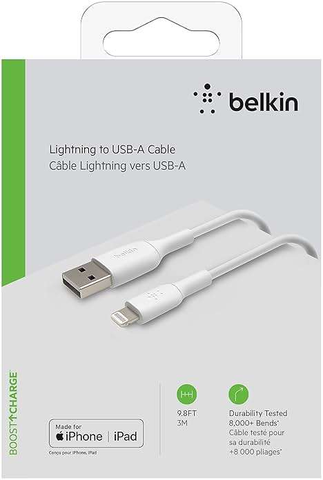 Belkin BoostCharge Lightning Cable - 9.8ft/3M - MFi Certified Apple iPhone Charger USB to Lightning Cable - iPhone Cable - iPhone Charger Cord - Apple Charger - USB Phone Charger - White - Image 6