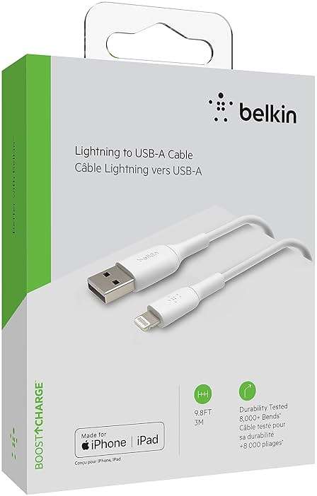 Belkin BoostCharge Lightning Cable - 9.8ft/3M - MFi Certified Apple iPhone Charger USB to Lightning Cable - iPhone Cable - iPhone Charger Cord - Apple Charger - USB Phone Charger - White - Image 7