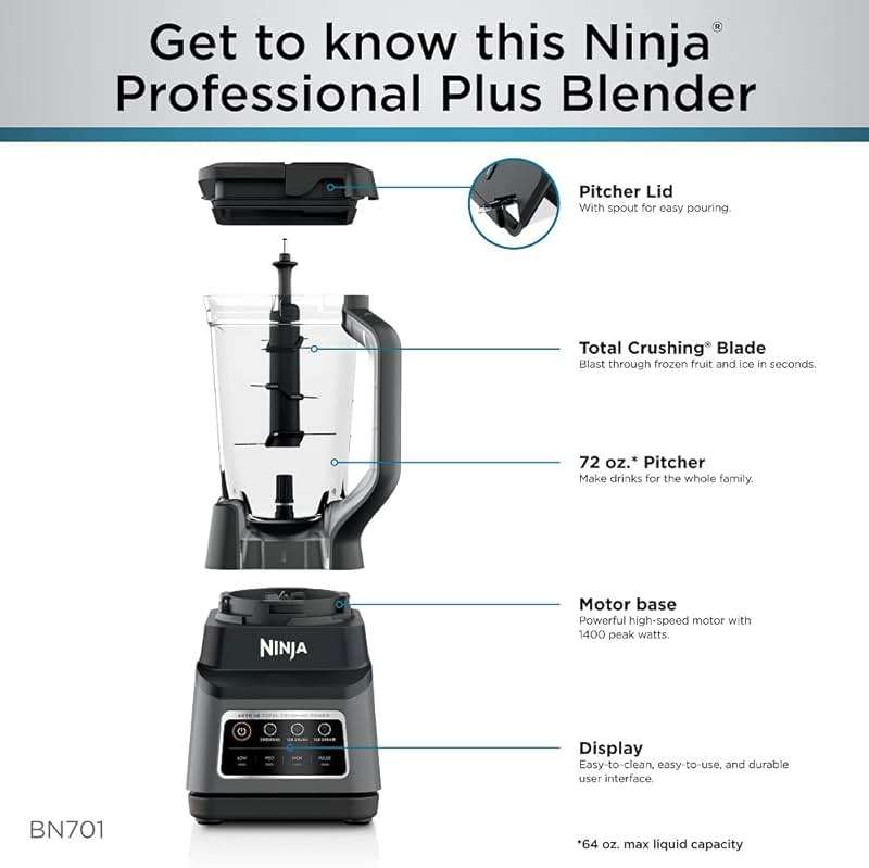 Ninja Professional Plus Blender with Auto-iQ | Smoothie and Ice Cream Maker, Frozen Drink Mixer, Margarita Machine | 3 Auto-iQ Presets, 1400W, 72-oz. Total Crushing Pitcher | Dark Grey | BN701 - Image 10