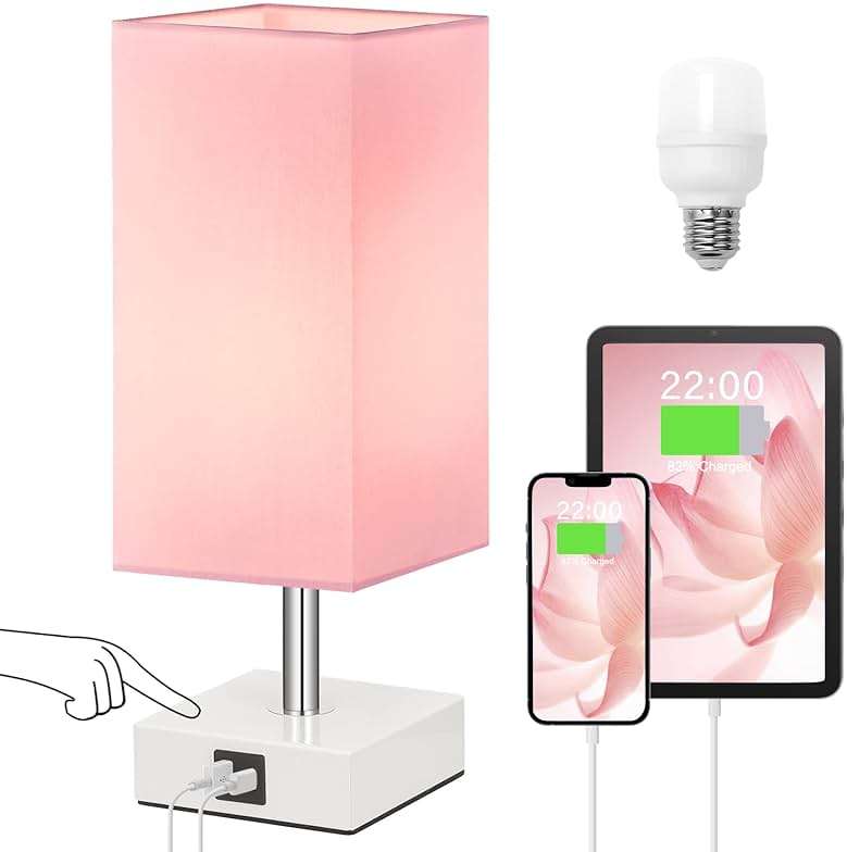 Ambimall Touch Control Table Lamp with 2 USB Charging Ports, 3 Way Touch Lamps Beside Desk, Nightstand Lamp for Bedrooms Living Room, Pink Shade with White Base, LED Bulb Included(Pink) - Image 1