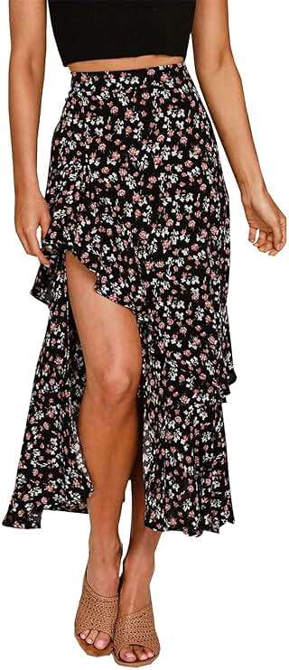 BTFBM Boho Long Skirts For Women 2026 Summer Floral Polka Dot High Low Elastic Waist Slit Ruffle Western Maxi Skirt - Image 1