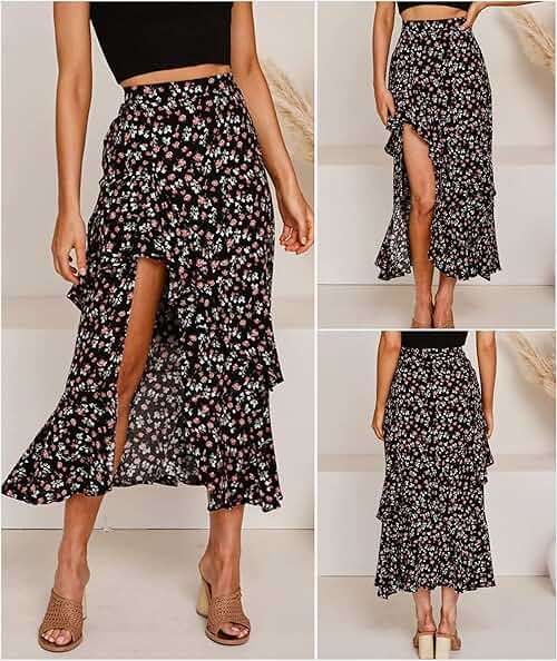BTFBM Boho Long Skirts For Women 2026 Summer Floral Polka Dot High Low Elastic Waist Slit Ruffle Western Maxi Skirt - Image 5