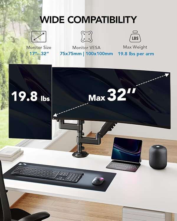 HUANUO 17-32 Inch Dual Monitor Stand, Vertical Dual Monitor Mount, Monitor Stand 2 Monitors, Ergonomic Adjustable Tilt/Swivel/Rotate, Weight Max 19.8 lbs, VESA 75/100mm - Image 2