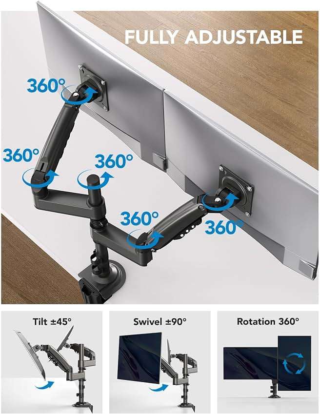 HUANUO 17-32 Inch Dual Monitor Stand, Vertical Dual Monitor Mount, Monitor Stand 2 Monitors, Ergonomic Adjustable Tilt/Swivel/Rotate, Weight Max 19.8 lbs, VESA 75/100mm - Image 4