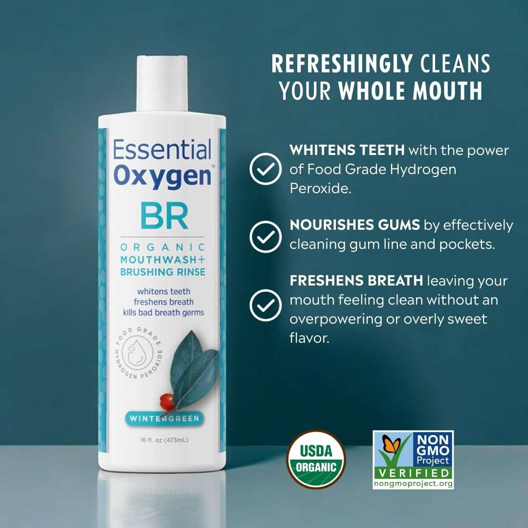 Essential Oxygen Certified BR Organic Brushing Rinse, All Natural Mouthwash for Whiter Teeth, Fresher Breath, and Happier Gums, Alcohol-Free Oral Care, Wintergreen, 16 Ounce - Image 2