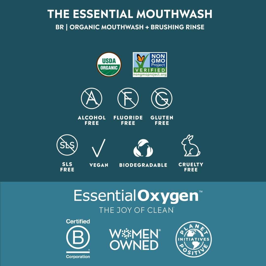 Essential Oxygen Certified BR Organic Brushing Rinse, All Natural Mouthwash for Whiter Teeth, Fresher Breath, and Happier Gums, Alcohol-Free Oral Care, Wintergreen, 16 Ounce - Image 3