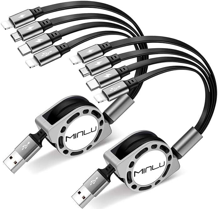 MINLU Multi Charging Cable 4A, 2Pack 4Ft Retractable Multi Fast Charger Cable, Multiple Charging Cord, 4 in 1 Multi USB Cable with Type C/Micro USB Ports for Cell Phones/IP/Galaxy/PS/Tablets/iPads - Image 1