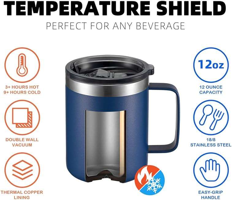 ALOUFEA 12oz Stainless Steel Insulated Coffee Mug with Handle, Double Wall Vacuum Travel Mug, Tumbler Cup with Sliding Lid, Navy - Image 5