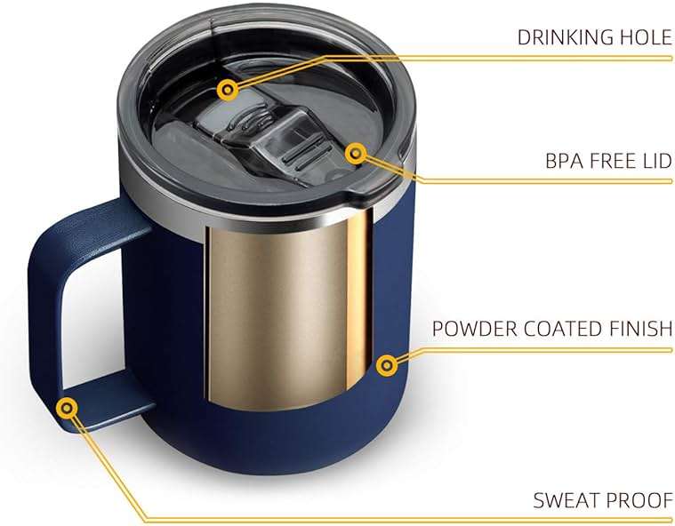 ALOUFEA 12oz Stainless Steel Insulated Coffee Mug with Handle, Double Wall Vacuum Travel Mug, Tumbler Cup with Sliding Lid, Navy - Image 6
