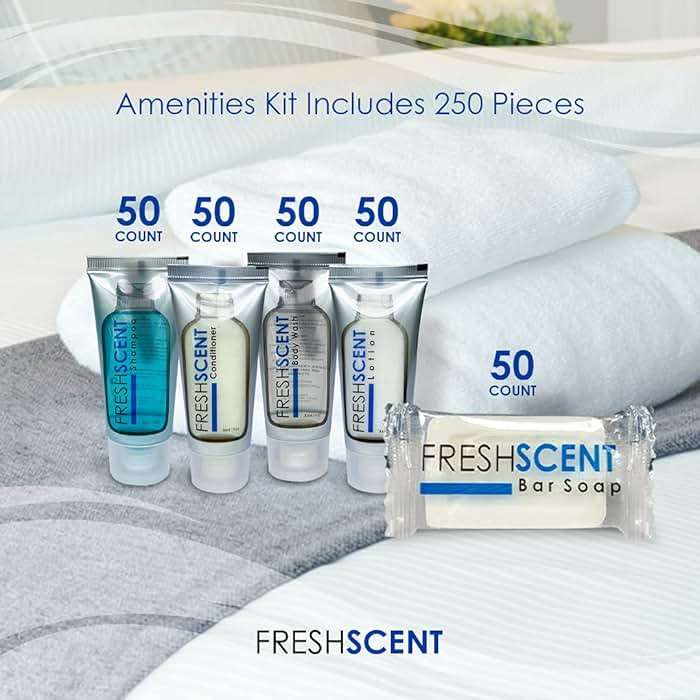 Freshscent Hotel Collection 250 Piece Set. Travel Size Amenities Bulk Toiletries Kit of 50 Each 1oz tubes Shampoo, Conditioner, Body Wash and Lotion. 50 Bars 1oz Soap - Image 2
