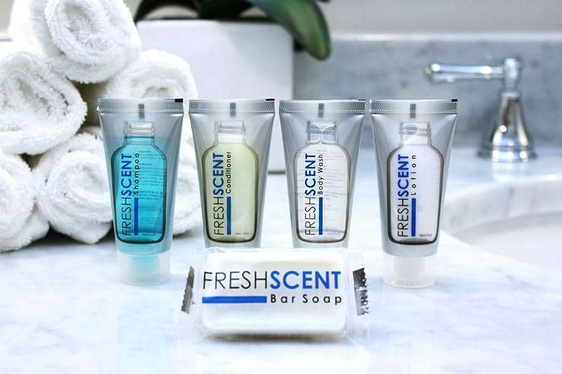 Freshscent Hotel Collection 250 Piece Set. Travel Size Amenities Bulk Toiletries Kit of 50 Each 1oz tubes Shampoo, Conditioner, Body Wash and Lotion. 50 Bars 1oz Soap - Image 3