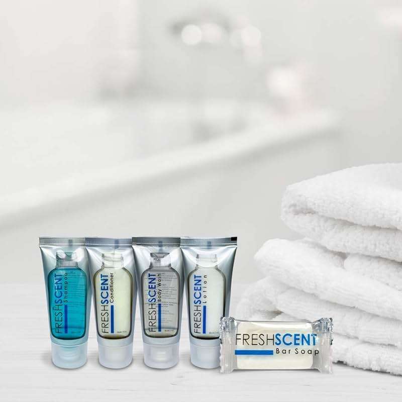 Freshscent Hotel Collection 250 Piece Set. Travel Size Amenities Bulk Toiletries Kit of 50 Each 1oz tubes Shampoo, Conditioner, Body Wash and Lotion. 50 Bars 1oz Soap - Image 4