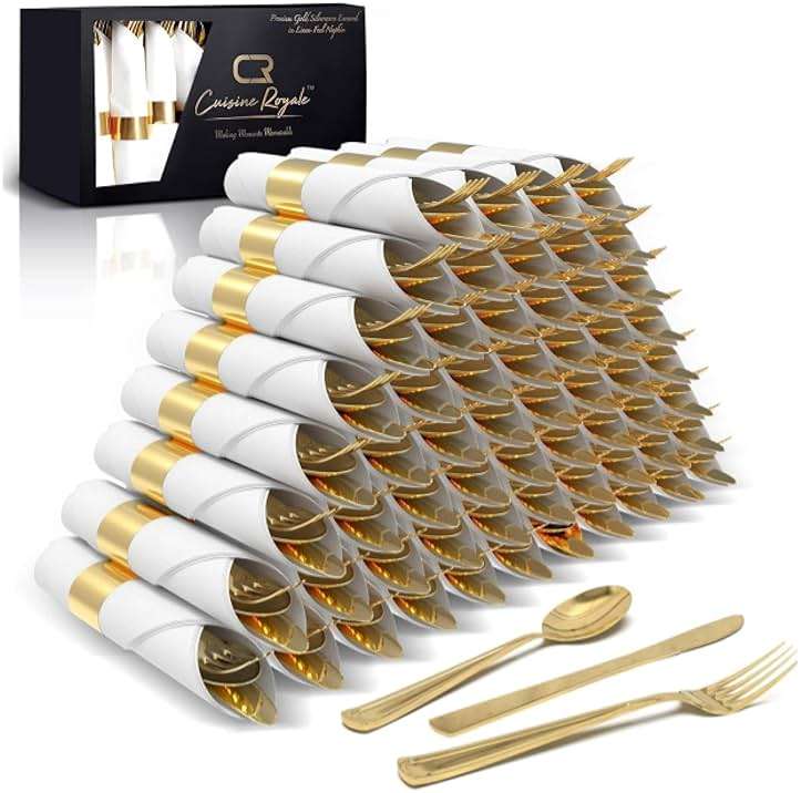 Prestee 200 Piece Gold Plastic Silverware Set for 50 Guests - Premium Pre Rolled Cutlery Set with Napkins - Elegant Disposable Silverware with Forks, Knives, and Spoons for Weddings and Thanksgiving - Image 1