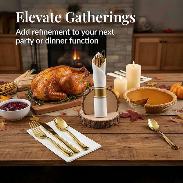 Prestee 200 Piece Gold Plastic Silverware Set for 50 Guests - Premium Pre Rolled Cutlery Set with Napkins - Elegant Disposable Silverware with Forks, Knives, and Spoons for Weddings and Thanksgiving - Image 2
