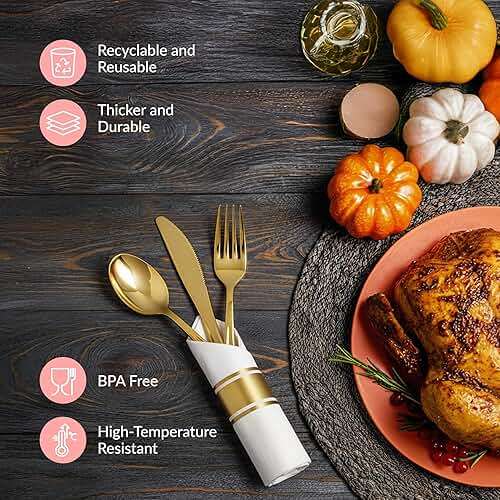Prestee 200 Piece Gold Plastic Silverware Set for 50 Guests - Premium Pre Rolled Cutlery Set with Napkins - Elegant Disposable Silverware with Forks, Knives, and Spoons for Weddings and Thanksgiving - Image 5